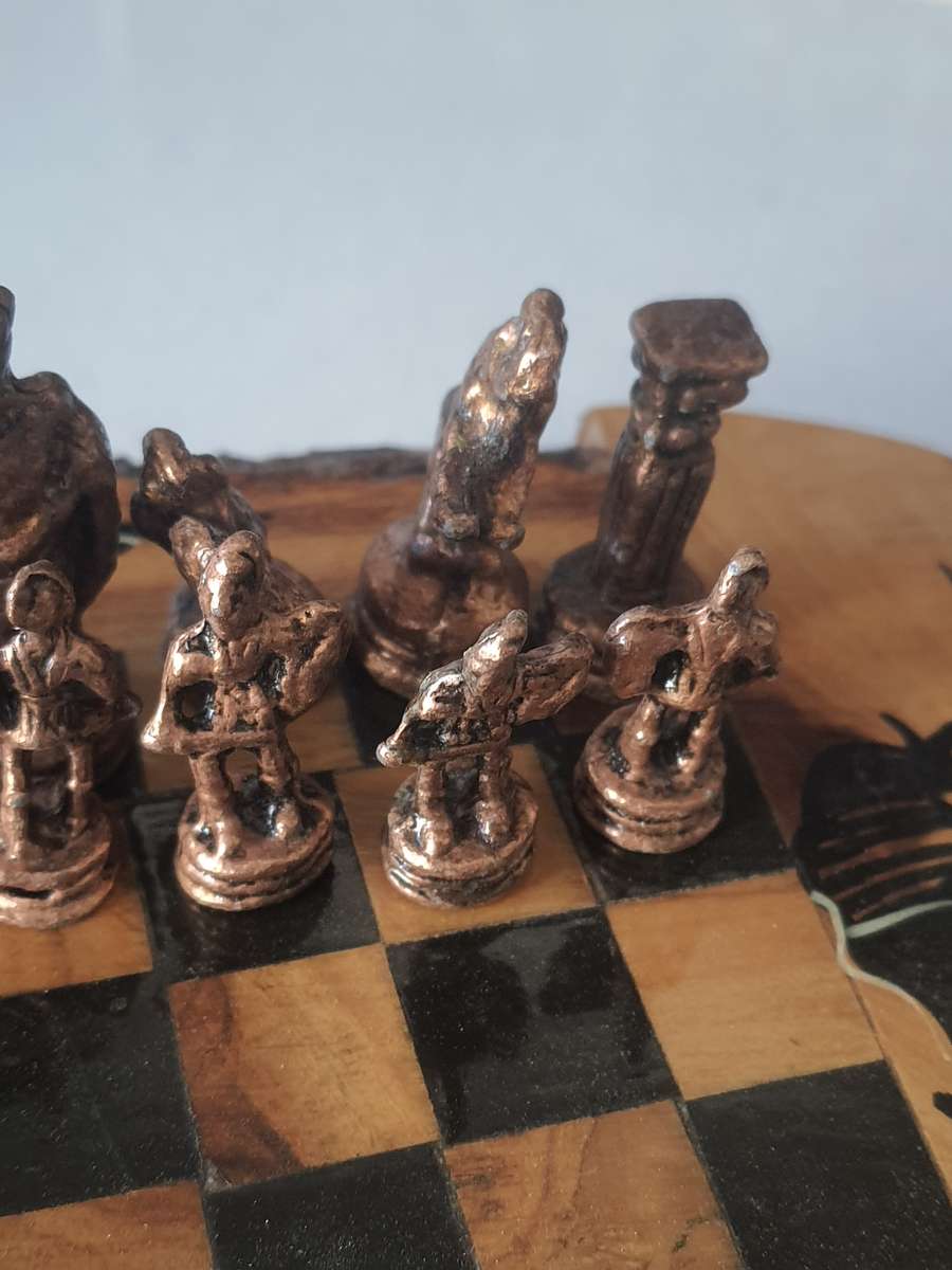 STUNNING HANDMADE COPPER AND LEAD - WOOD CHESS SET.