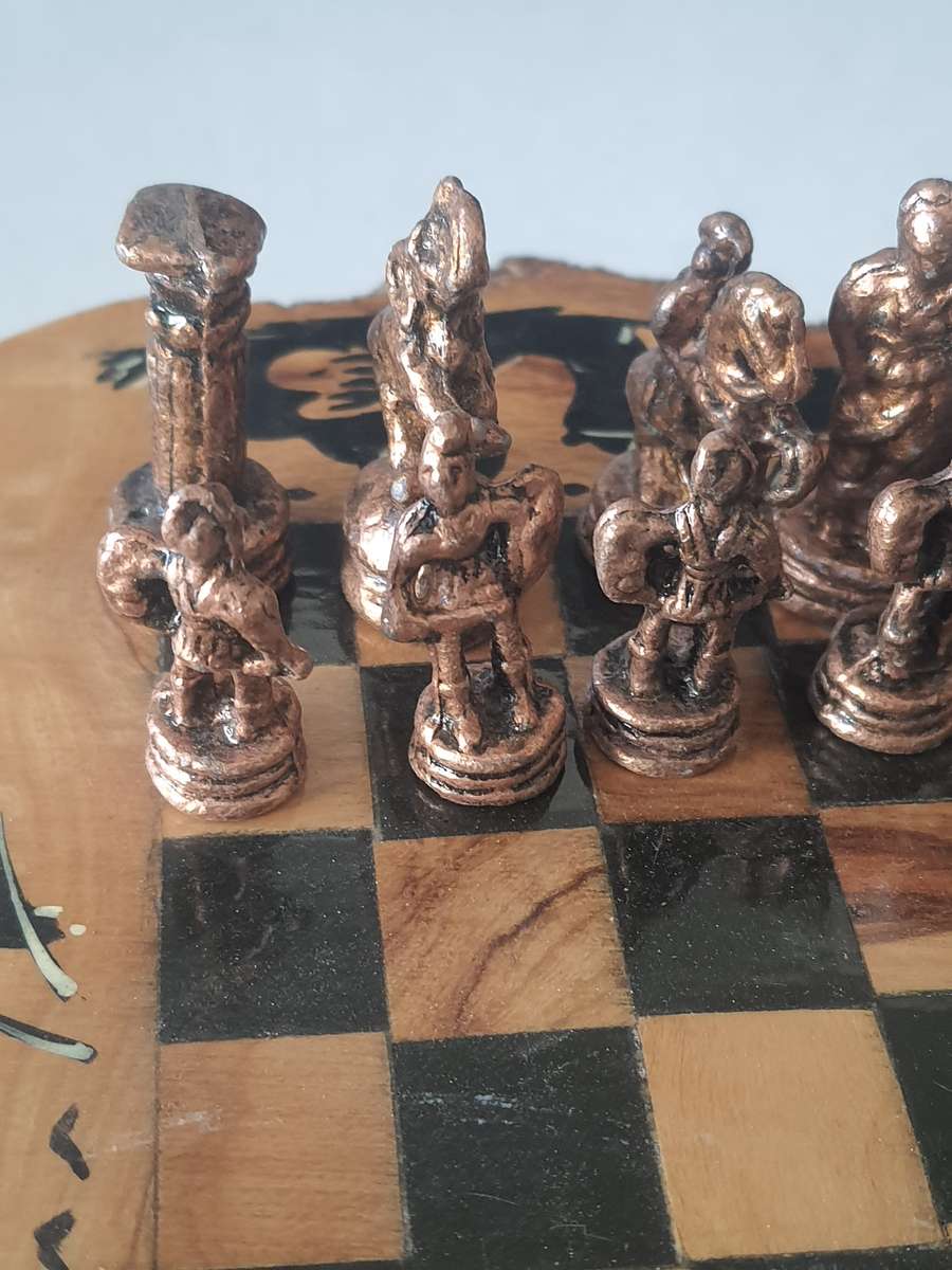 STUNNING HANDMADE COPPER AND LEAD - WOOD CHESS SET.