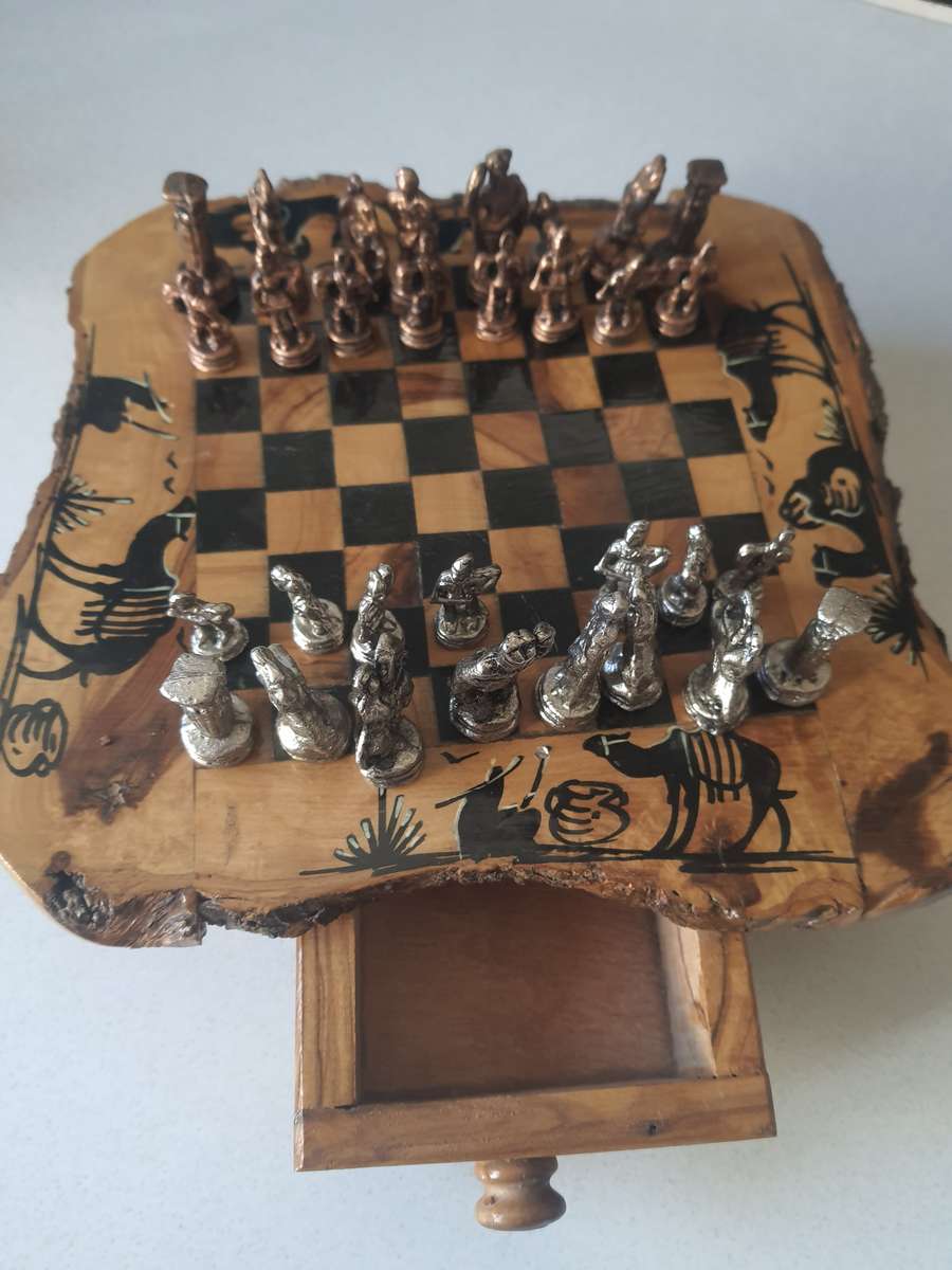 STUNNING HANDMADE COPPER AND LEAD - WOOD CHESS SET.