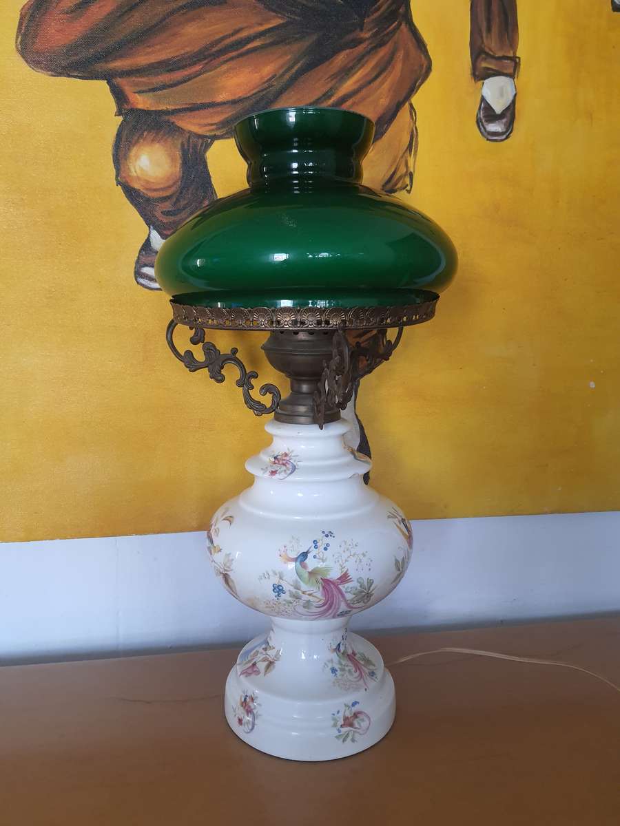 LARGE CERAMIC - BANKERS GLASS LAMP WITH A PORCELAIN STAND - EARLY 1970'S