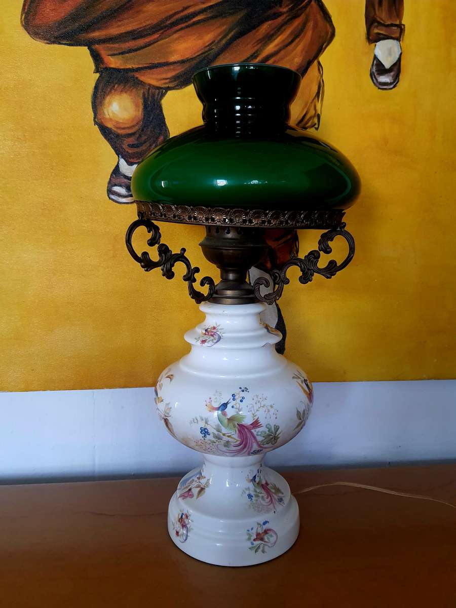 LARGE CERAMIC - BANKERS GLASS LAMP WITH A PORCELAIN STAND - EARLY 1970'S