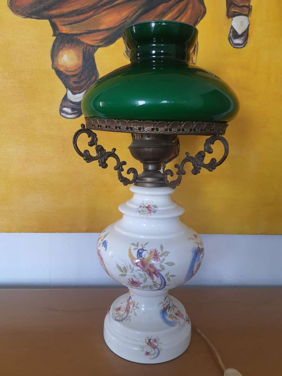 LARGE CERAMIC - BANKERS GLASS LAMP WITH A PORCELAIN STAND - EARLY 1970'S