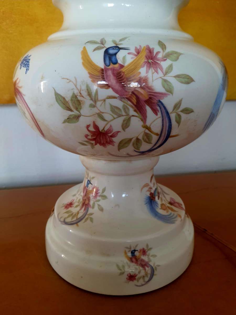 LARGE CERAMIC - BANKERS GLASS LAMP WITH A PORCELAIN STAND - EARLY 1970'S