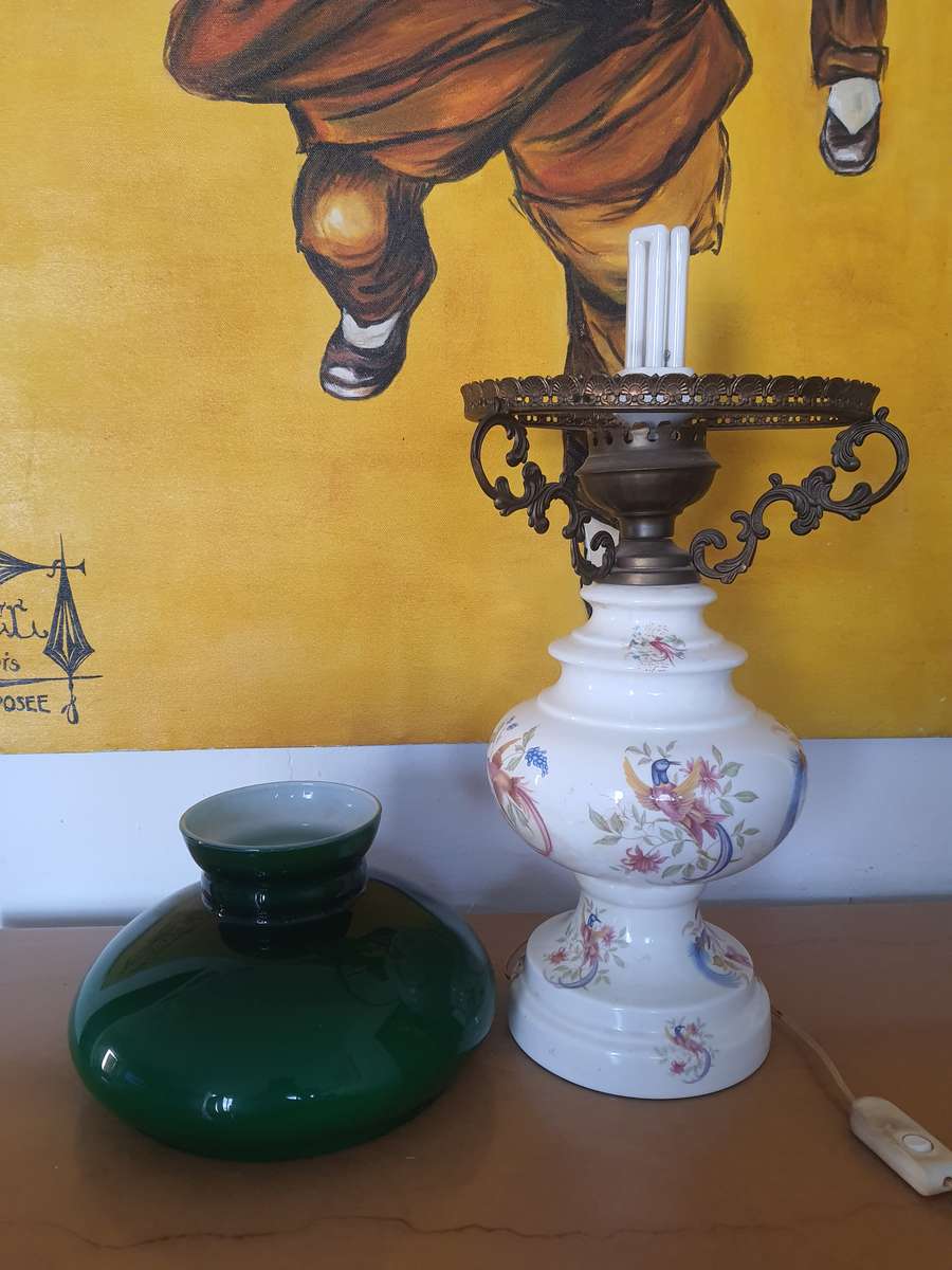 LARGE CERAMIC - BANKERS GLASS LAMP WITH A PORCELAIN STAND - EARLY 1970'S