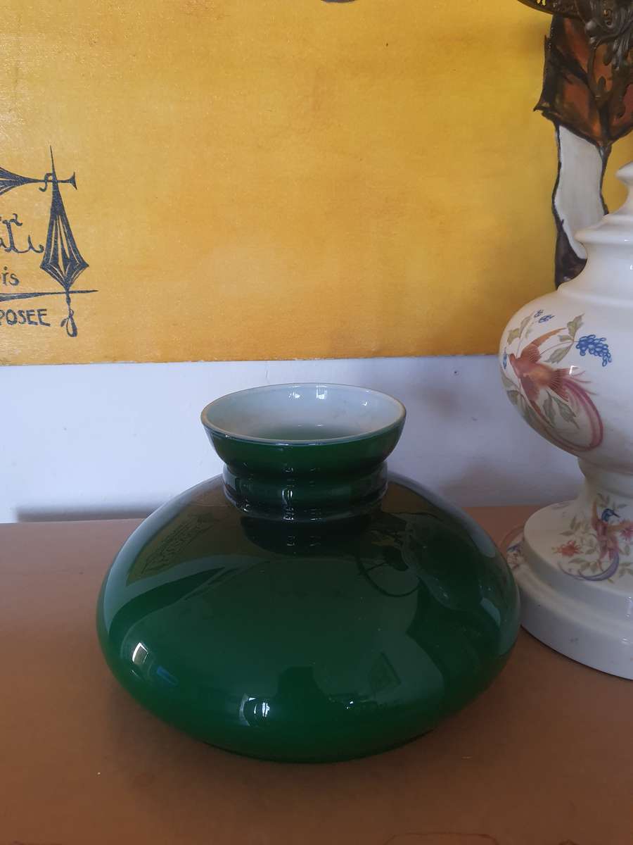 LARGE CERAMIC - BANKERS GLASS LAMP WITH A PORCELAIN STAND - EARLY 1970'S