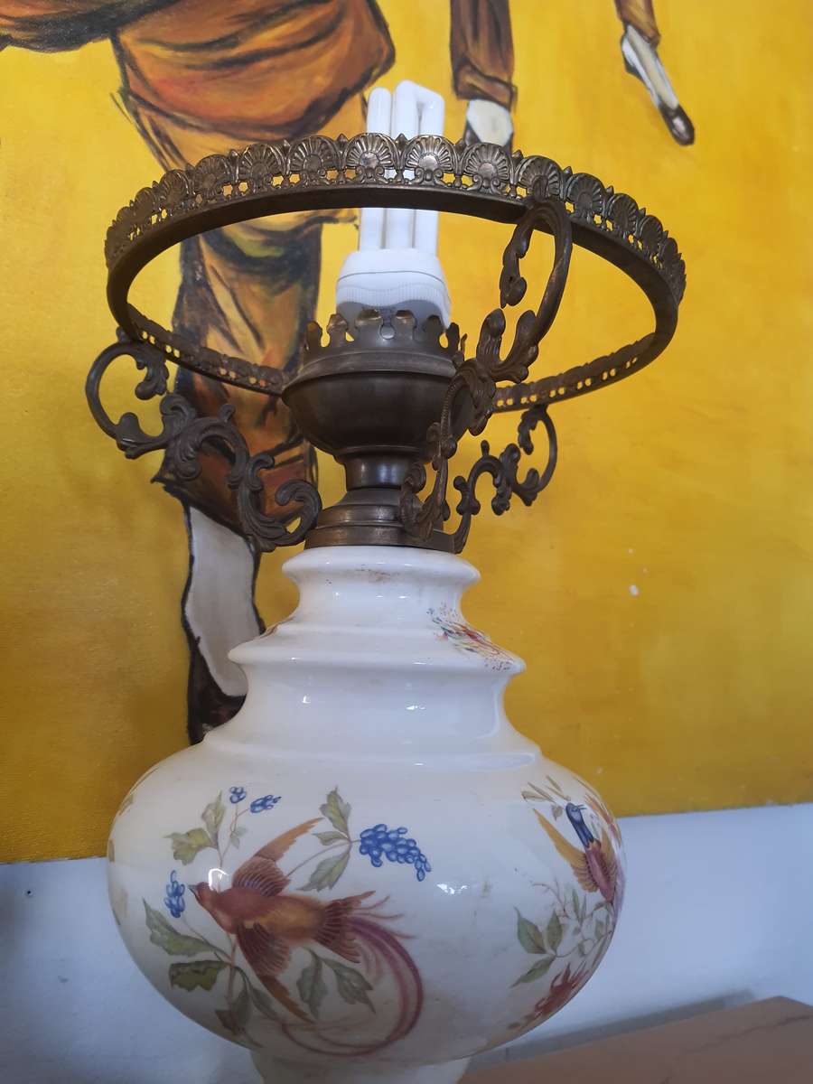 LARGE CERAMIC - BANKERS GLASS LAMP WITH A PORCELAIN STAND - EARLY 1970'S