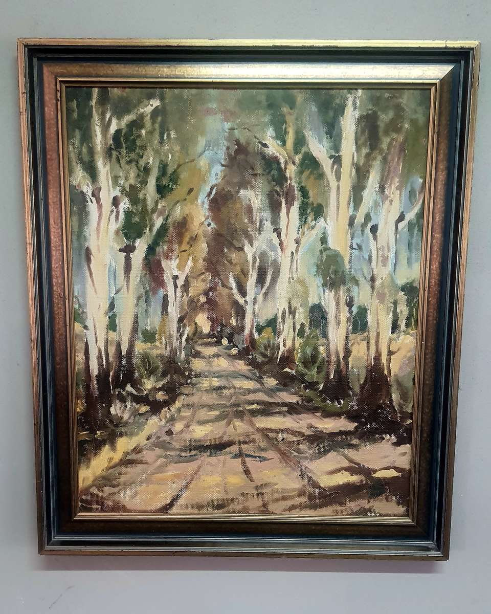 600X700 UNKNOWN OIL ON BOARD - PATHWAY BETWEEN TREES. STUNNING STILL LIFE!