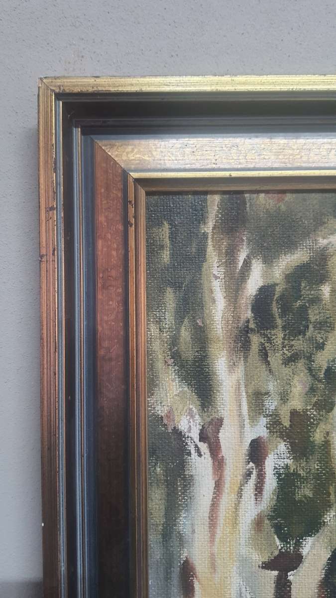 600X700 UNKNOWN OIL ON BOARD - PATHWAY BETWEEN TREES. STUNNING STILL LIFE!