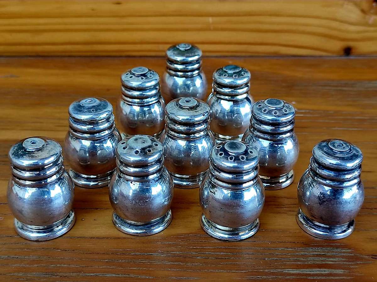 Solid Silver on brass salt and pepper shakers x10 in total. elegant and heavy! mid century