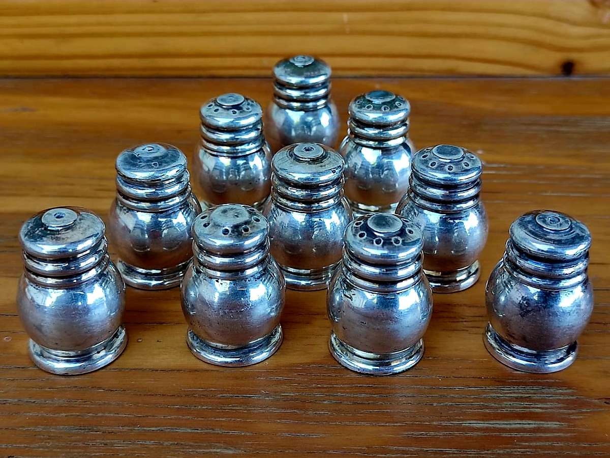 Solid Silver on brass salt and pepper shakers x10 in total. elegant and heavy! mid century