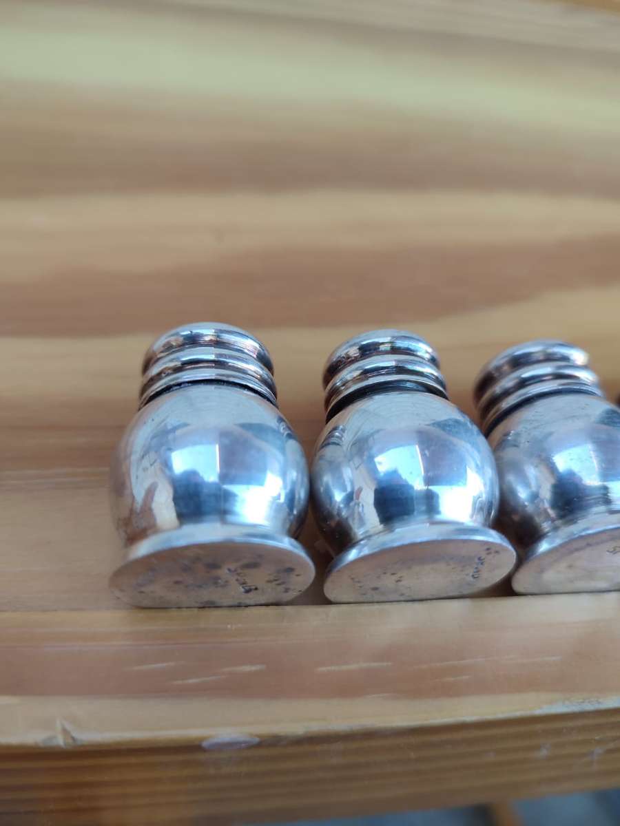 Solid Silver on brass salt and pepper shakers x10 in total. elegant and heavy! mid century