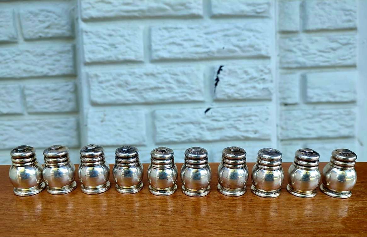 Solid Silver on brass salt and pepper shakers x10 in total. elegant and heavy! mid century