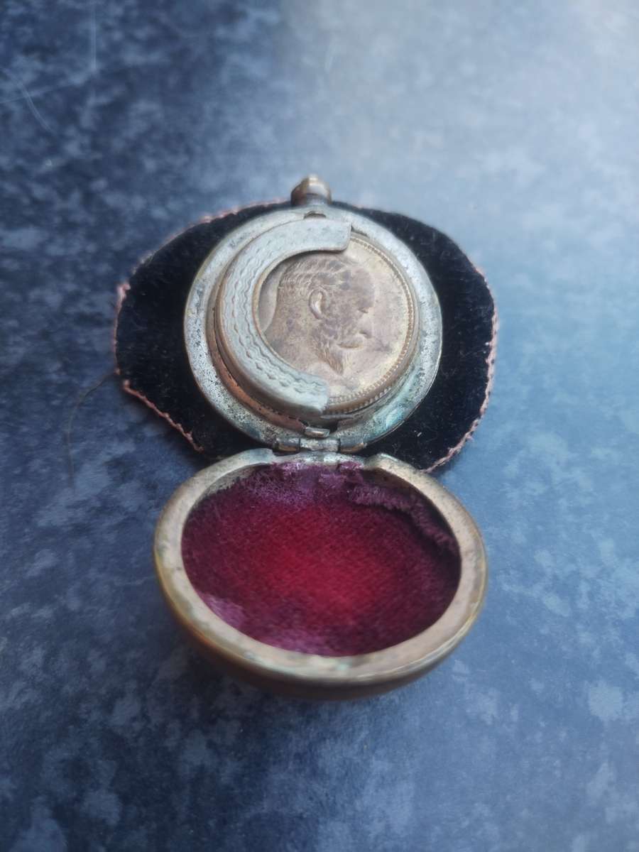 #2 Antique Coin Holder - locket, embedded Holder, Made in England - with an attached coin and poutch