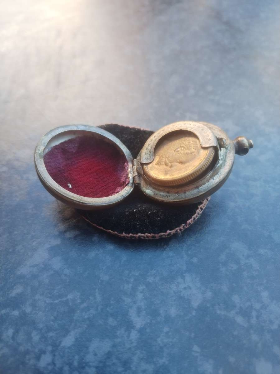 #2 Antique Coin Holder - locket, embedded Holder, Made in England - with an attached coin and poutch