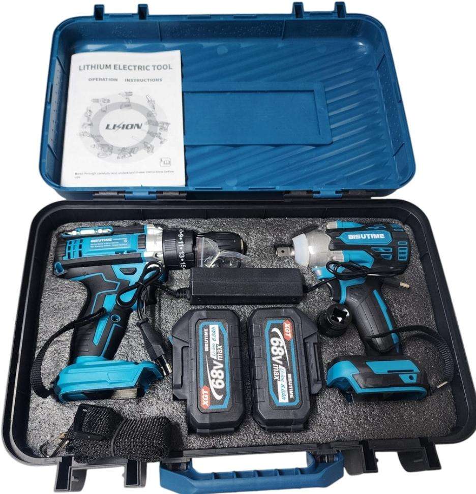 Rechargeable hammer drill and impact wrench set 68V