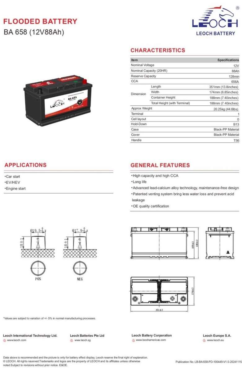 Leoch 12V 88Ah BA658 656A Flooded Maintenances - Car Battery