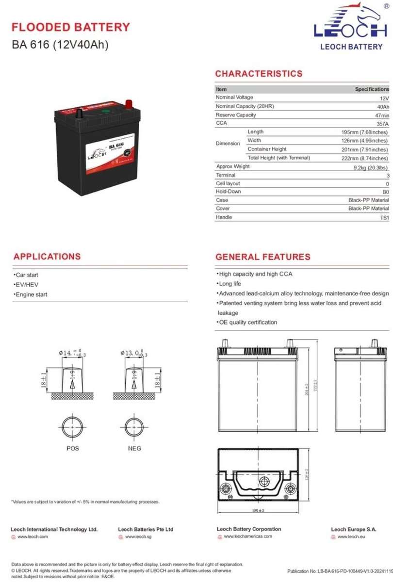 Leoch 616 12V 40Ah 357A Flooded Maintenances - Car Battery