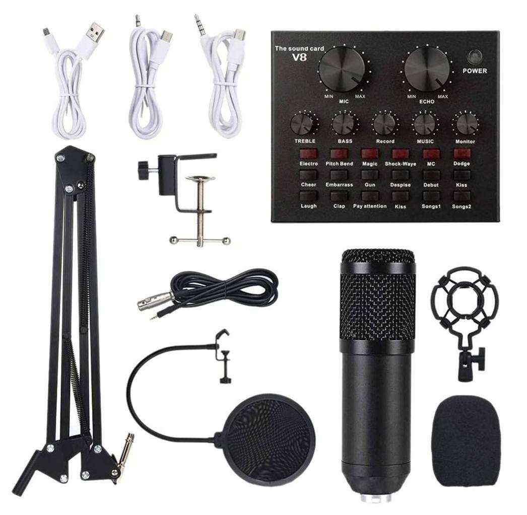BM800 Microphone Kit with V8 Sound Card Studio Condenser Microphone Black
