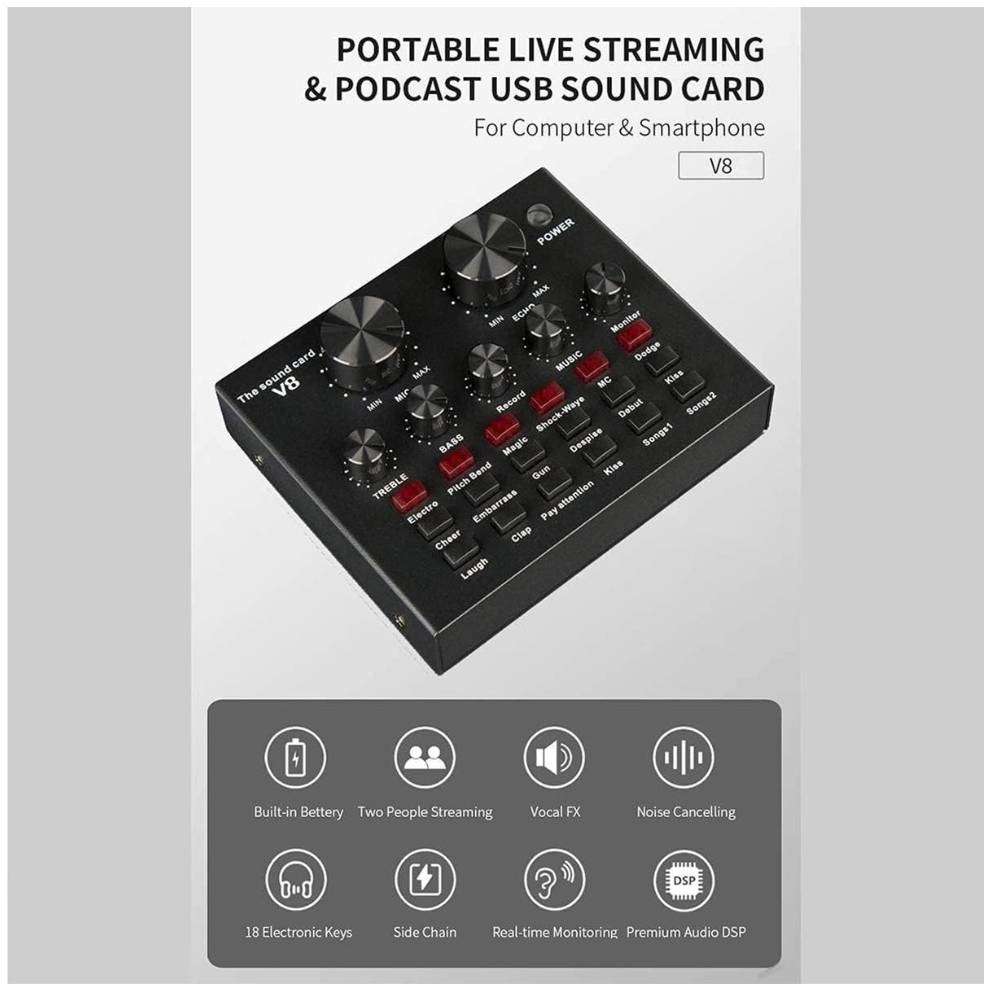 BM800 Microphone Kit with V8 Sound Card Studio Condenser Microphone Black