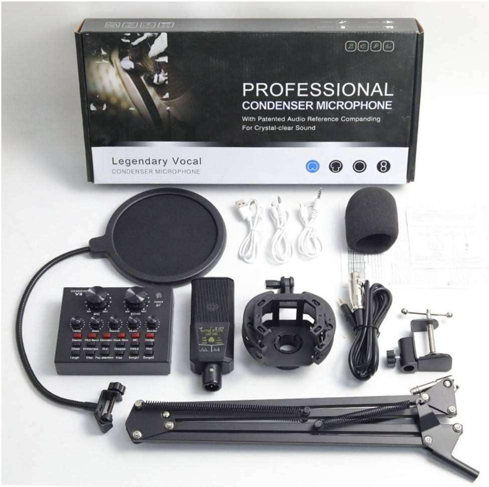 BM800 Microphone Kit with V8 Sound Card Studio Condenser Microphone Black
