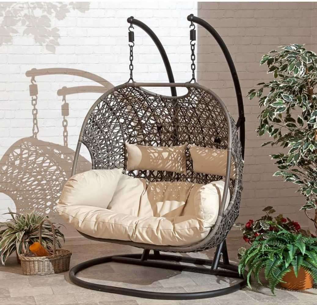 Luxury 3-Seater Rattan Swing Chair  Outdoor & Indoor Hanging Egg Chair with Cushions