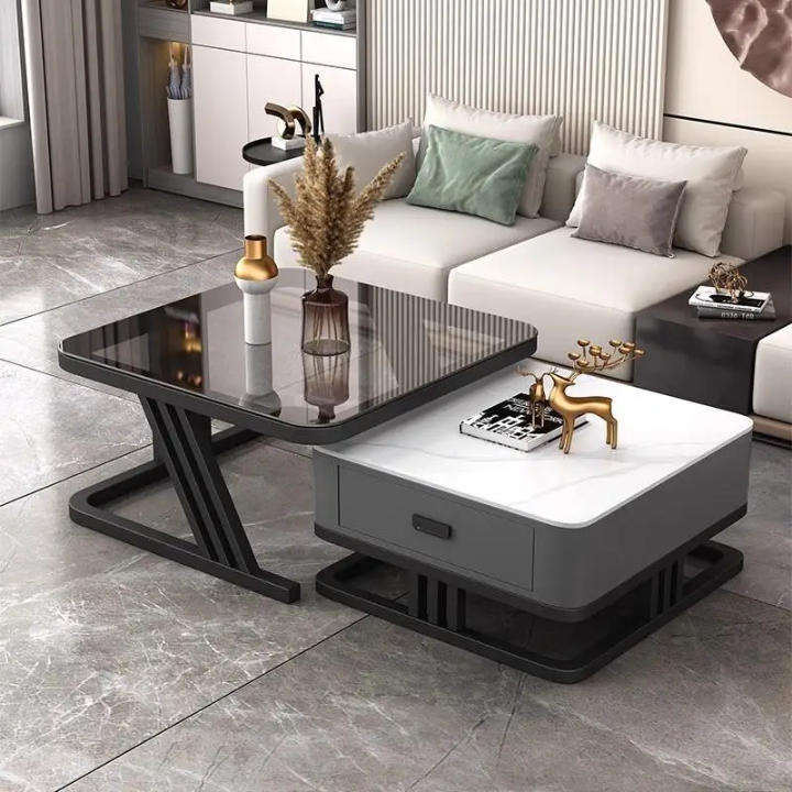 Modern Marble & Glass Nesting Coffee Table Set  Luxury Living Room Tables with Storage Drawer