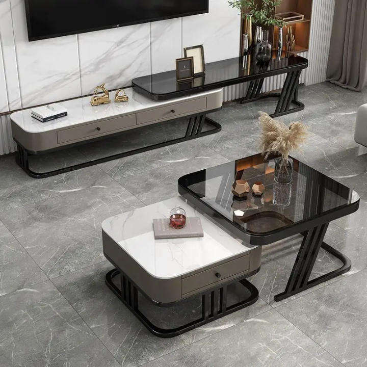 Modern Marble & Glass Nesting Coffee Table Set  Luxury Living Room Tables with Storage Drawer