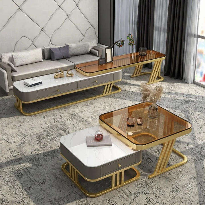 Modern Marble & Glass Nesting Coffee Table Set  Luxury Living Room Tables with Storage Drawer