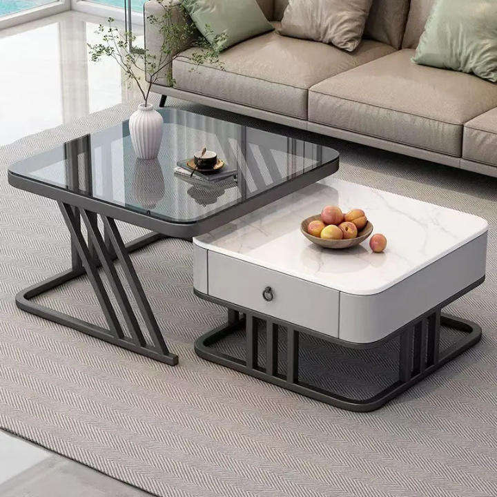 Modern Marble & Glass Nesting Coffee Table Set  Luxury Living Room Tables with Storage Drawer