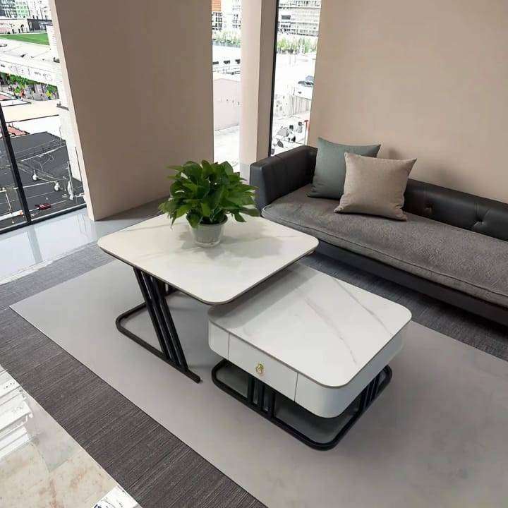 Modern Marble & Glass Nesting Coffee Table Set  Luxury Living Room Tables with Storage Drawer