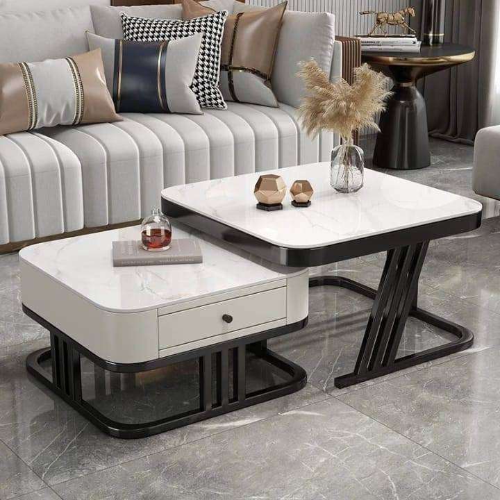 Modern Marble & Glass Nesting Coffee Table Set  Luxury Living Room Tables with Storage Drawer
