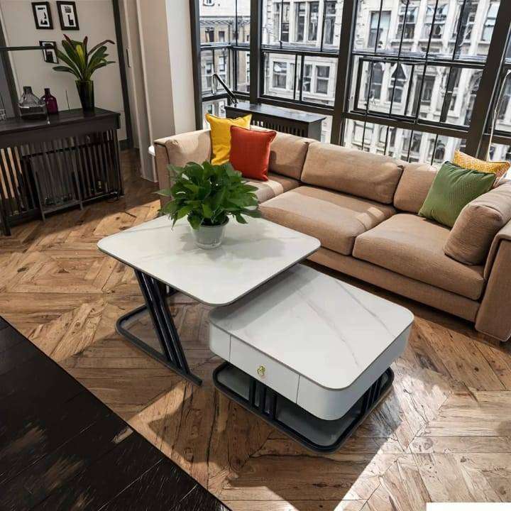 Modern Marble & Glass Nesting Coffee Table Set  Luxury Living Room Tables with Storage Drawer