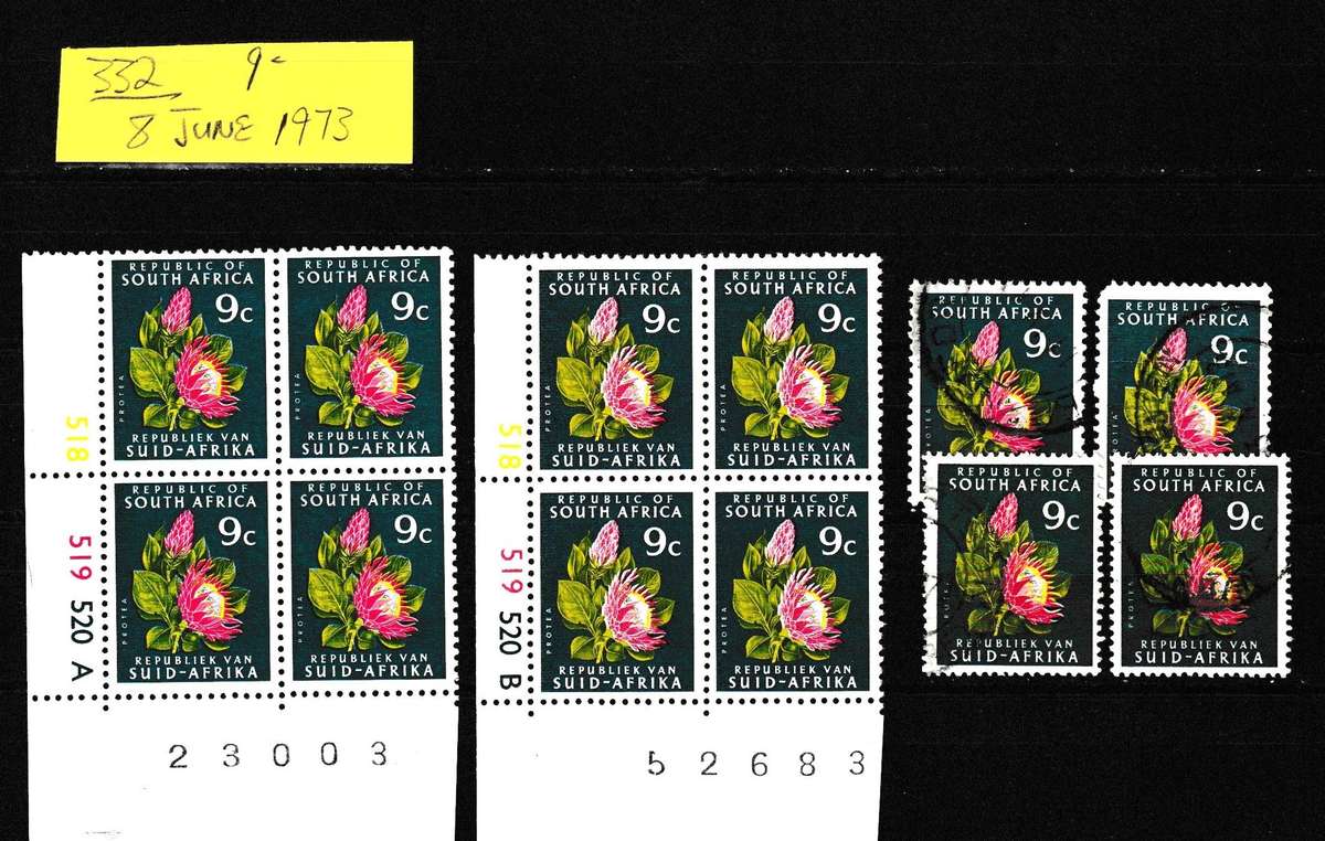 RSA 1973  9c PROTEA FLOWERS NO.332