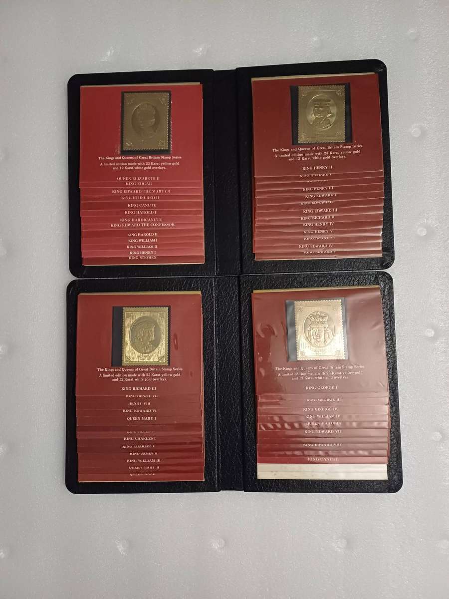 1977 set of 49 x 23ct and 12ct gold stamps. Kings and Queens of England.