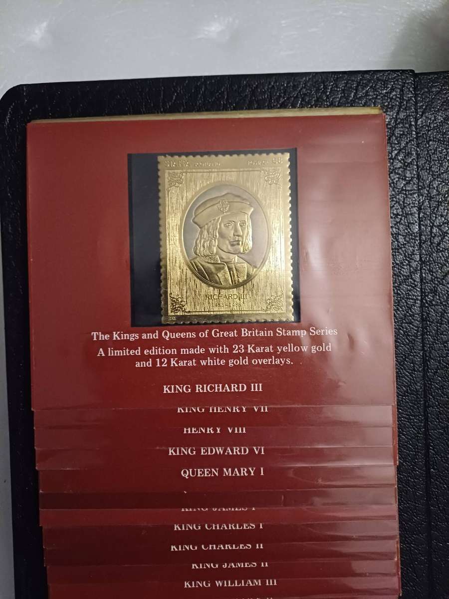 1977 set of 49 x 23ct and 12ct gold stamps. Kings and Queens of England.