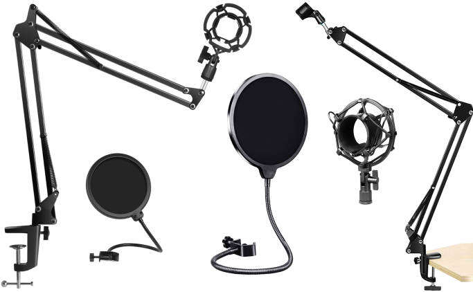 NO RESERVE - Mic stands - 2 boom arms, 2 shock mounts, 2 pop filters - REDUCED TO GO!
