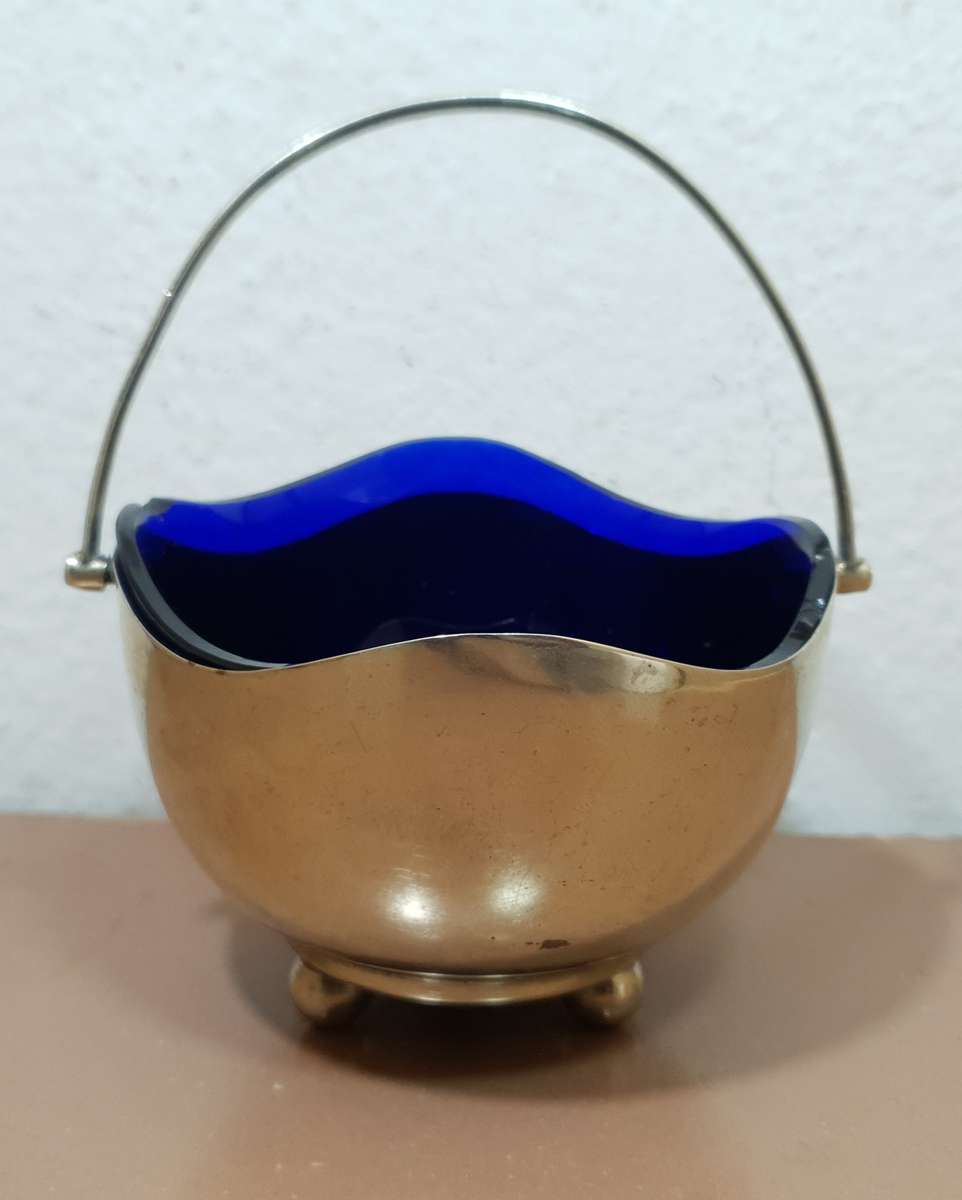 Antique English Footed Sugar Bowl with Cobalt Blue Glass Lining