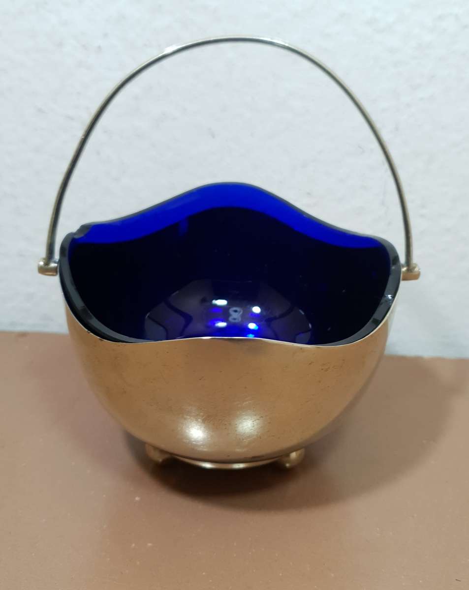 Antique English Footed Sugar Bowl with Cobalt Blue Glass Lining