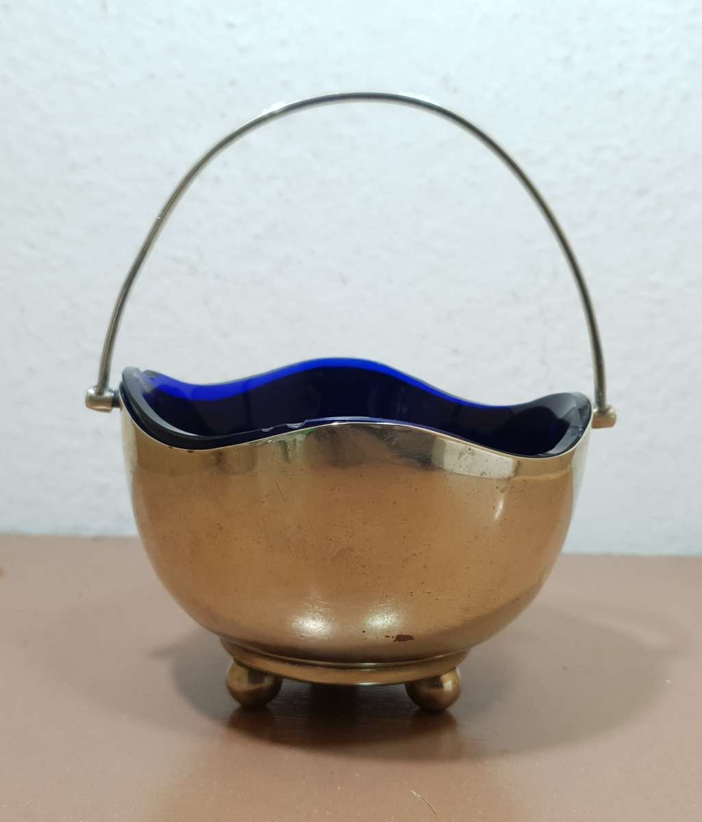 Antique English Footed Sugar Bowl with Cobalt Blue Glass Lining