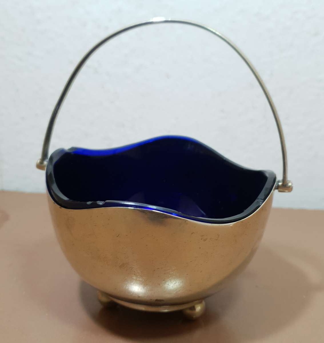Antique English Footed Sugar Bowl with Cobalt Blue Glass Lining