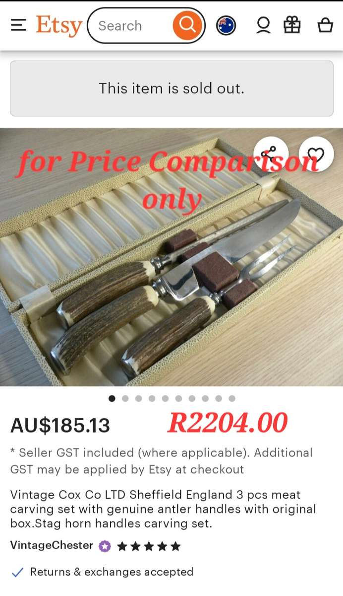 Vintage Antler Handle Meat Curving set by Tailors Eye Witness, Sheffield in pristine condition.