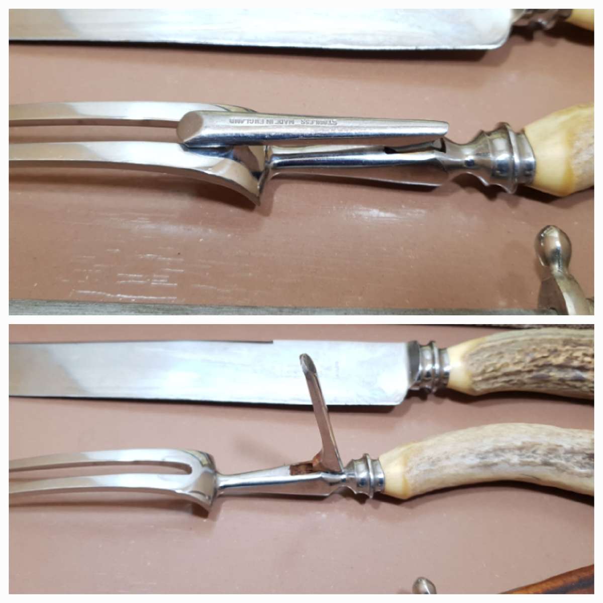 Vintage Antler Handle Meat Curving set by Tailors Eye Witness, Sheffield in pristine condition.