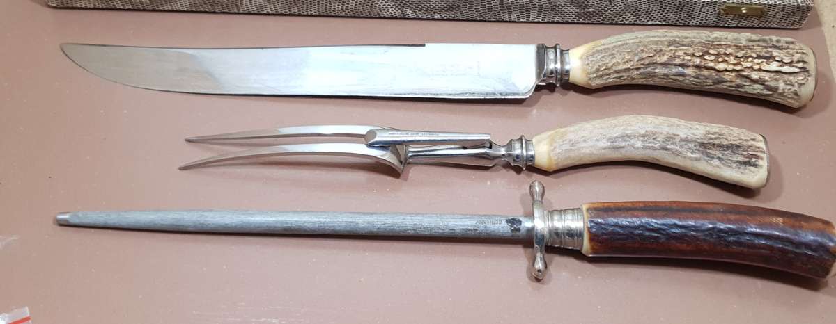 Vintage Antler Handle Meat Curving set by Tailors Eye Witness, Sheffield in pristine condition.
