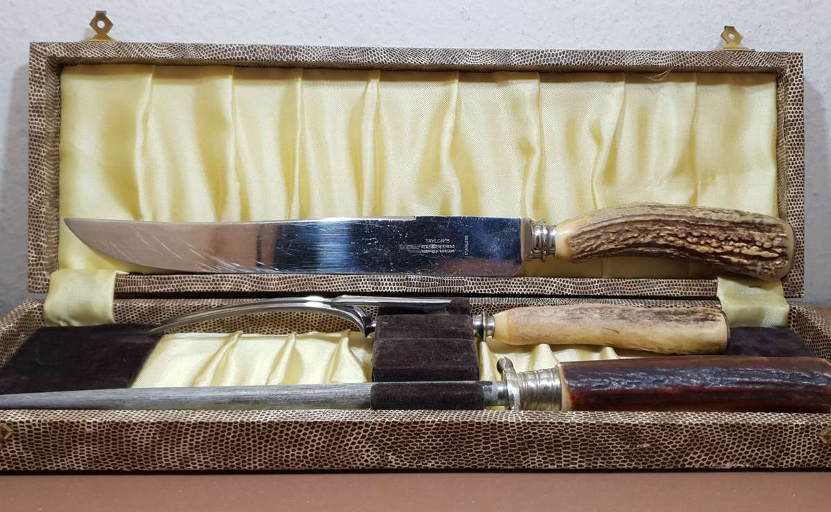 Vintage Antler Handle Meat Curving set by Tailors Eye Witness, Sheffield in pristine condition.