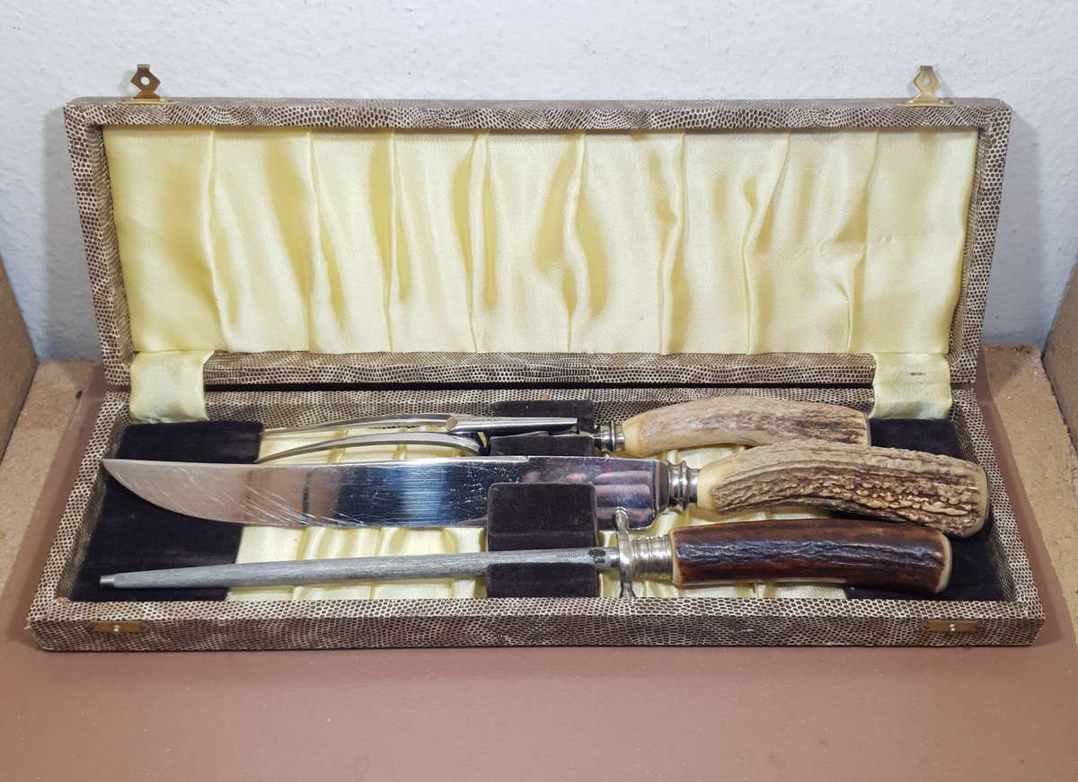 Vintage Antler Handle Meat Curving set by Tailors Eye Witness, Sheffield in pristine condition.