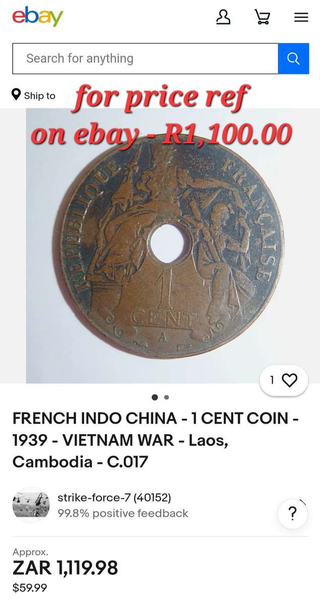 Rare 1939 INDO - CHINA FRANCE ONE CENT Coin in excellent condition.