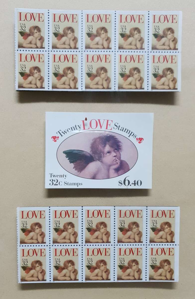 FRAMED 1995 USA LOVE CHERUBS FULL SHEET OF TWENTY,  32CENT STAMPS WITH ORIGINAL BOOKLET