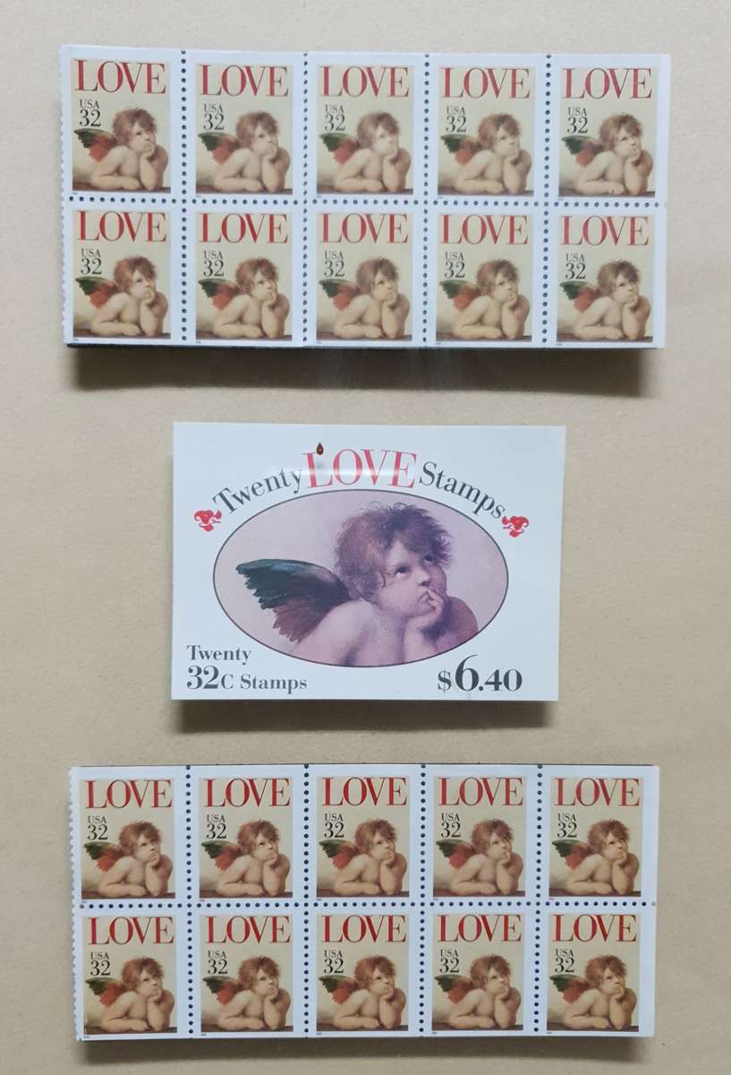 FRAMED 1995 USA LOVE CHERUBS FULL SHEET OF TWENTY,  32CENT STAMPS WITH ORIGINAL BOOKLET