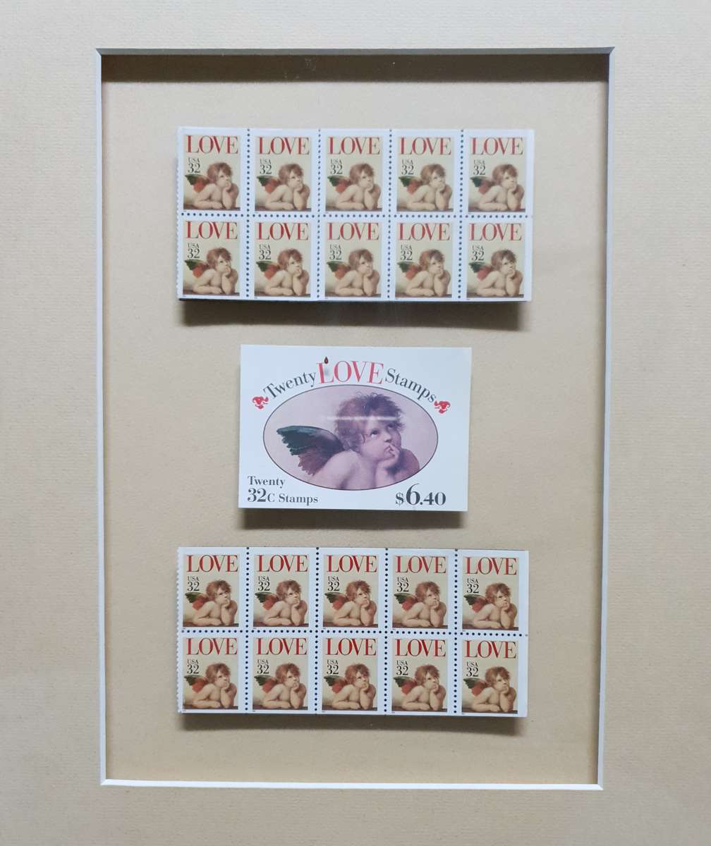 FRAMED 1995 USA LOVE CHERUBS FULL SHEET OF TWENTY,  32CENT STAMPS WITH ORIGINAL BOOKLET