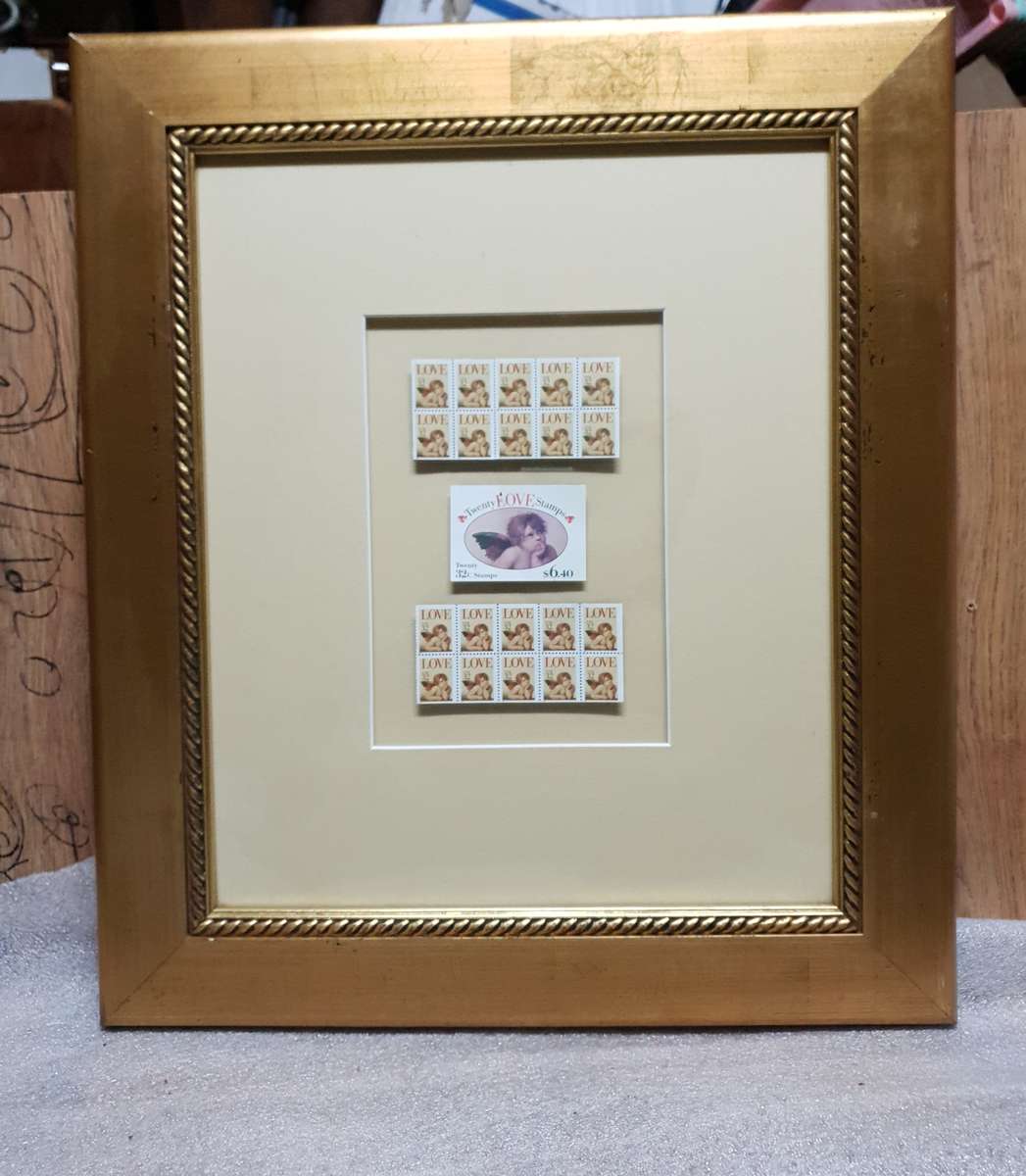 FRAMED 1995 USA LOVE CHERUBS FULL SHEET OF TWENTY,  32CENT STAMPS WITH ORIGINAL BOOKLET